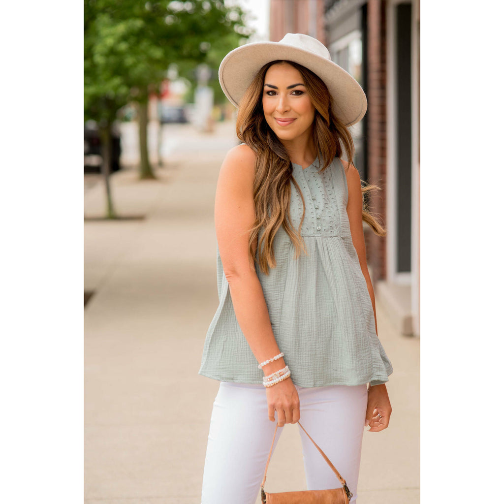 Gauze Eyelet Accent Tank - Betsey's Boutique Shop