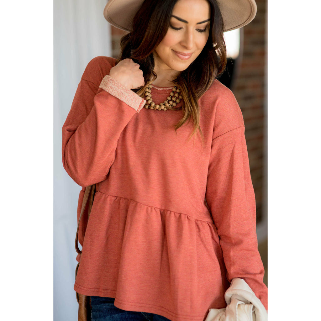 Raw Edge Peplum Sweatshirt - Rust - Betsey's Boutique Shop