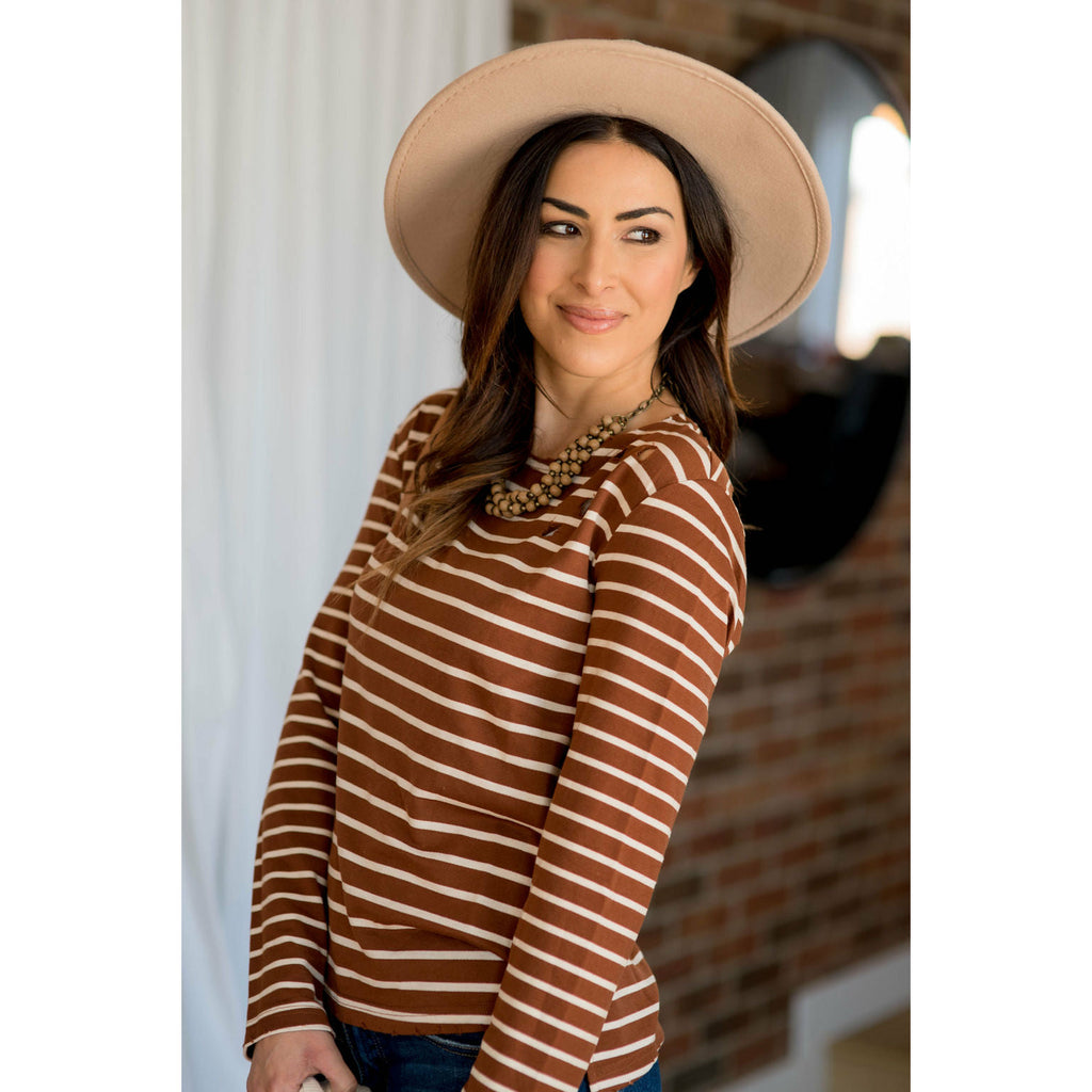 Destructed Striped Long Sleeve Tee - Cognac - Betsey's Boutique Shop