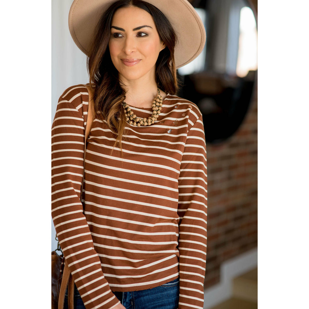 Destructed Striped Long Sleeve Tee - Cognac - Betsey's Boutique Shop