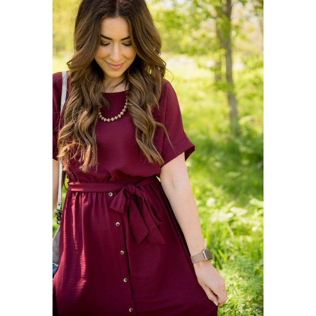 Cuffed Sleeve Tie Button Dress - Betsey's Boutique Shop - Dresses