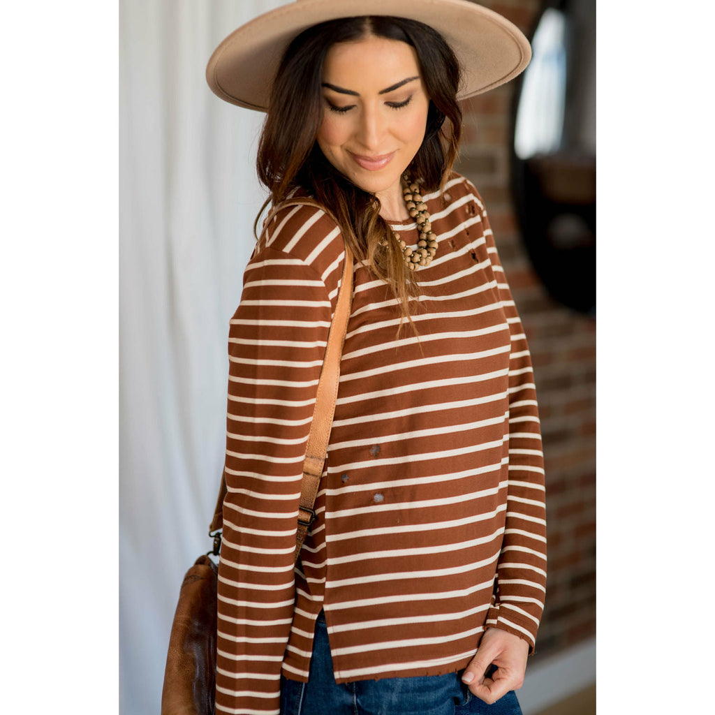 Destructed Striped Long Sleeve Tee - Cognac - Betsey's Boutique Shop