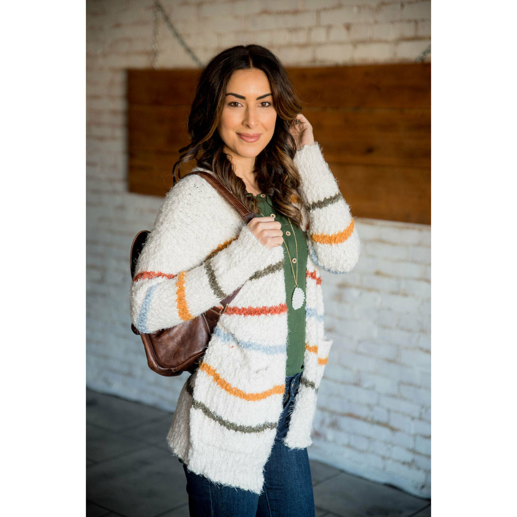 Multi Colored Striped Fuzzy Cardigan - Betsey's Boutique Shop