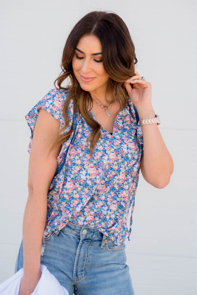 Bouquets Flutter Down Embroidered Blouse - Betsey's Boutique Shop -