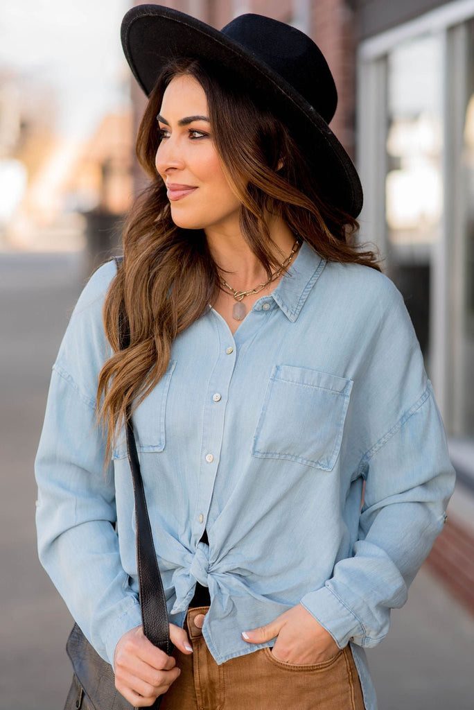 Side Slit Denim Button Up - Betsey's Boutique Shop -