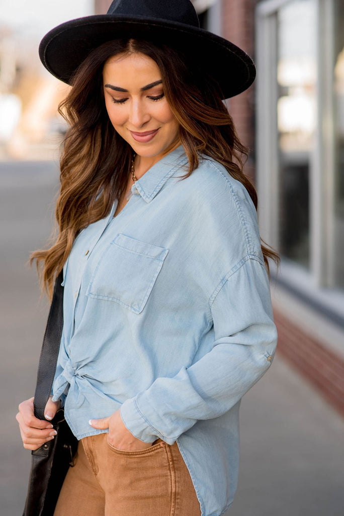 Side Slit Denim Button Up - Betsey's Boutique Shop -