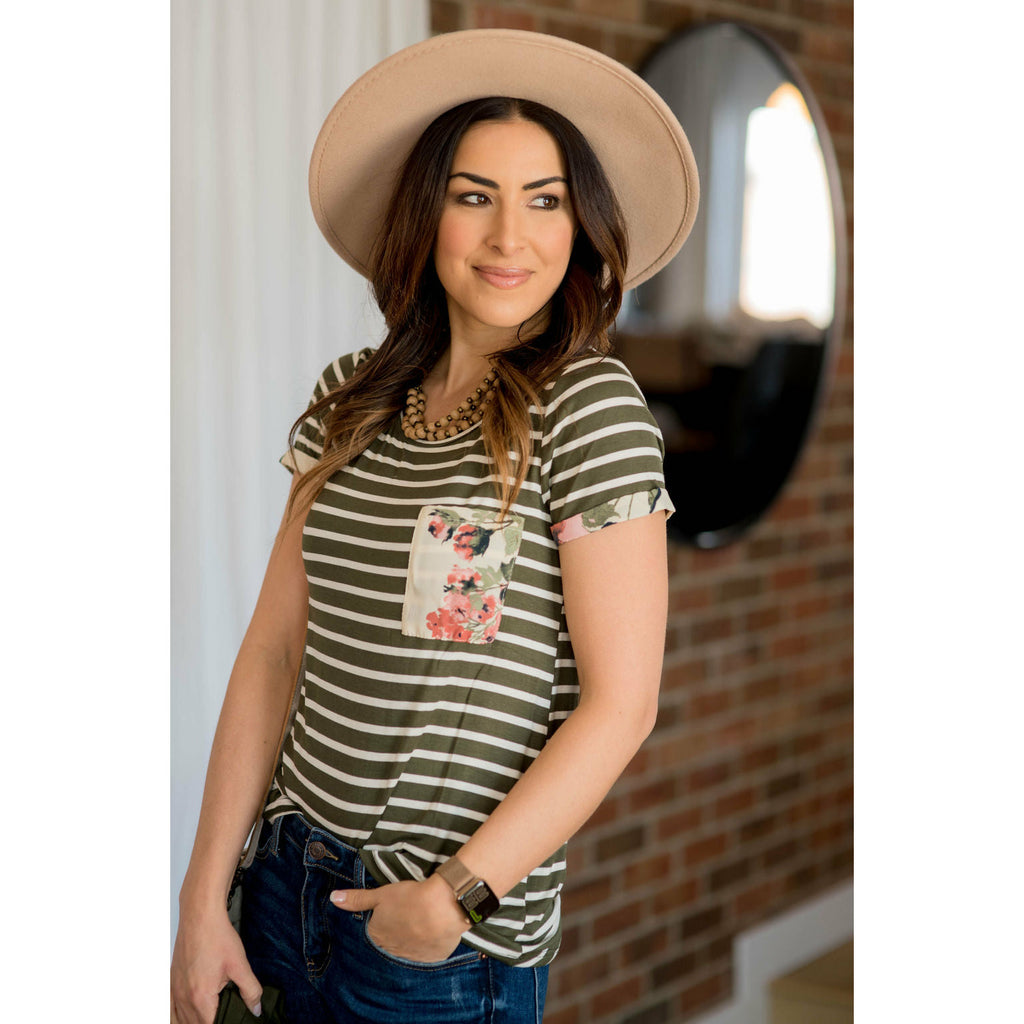 Striped Floral Pocket Short Sleeve Tee - Betsey's Boutique Shop