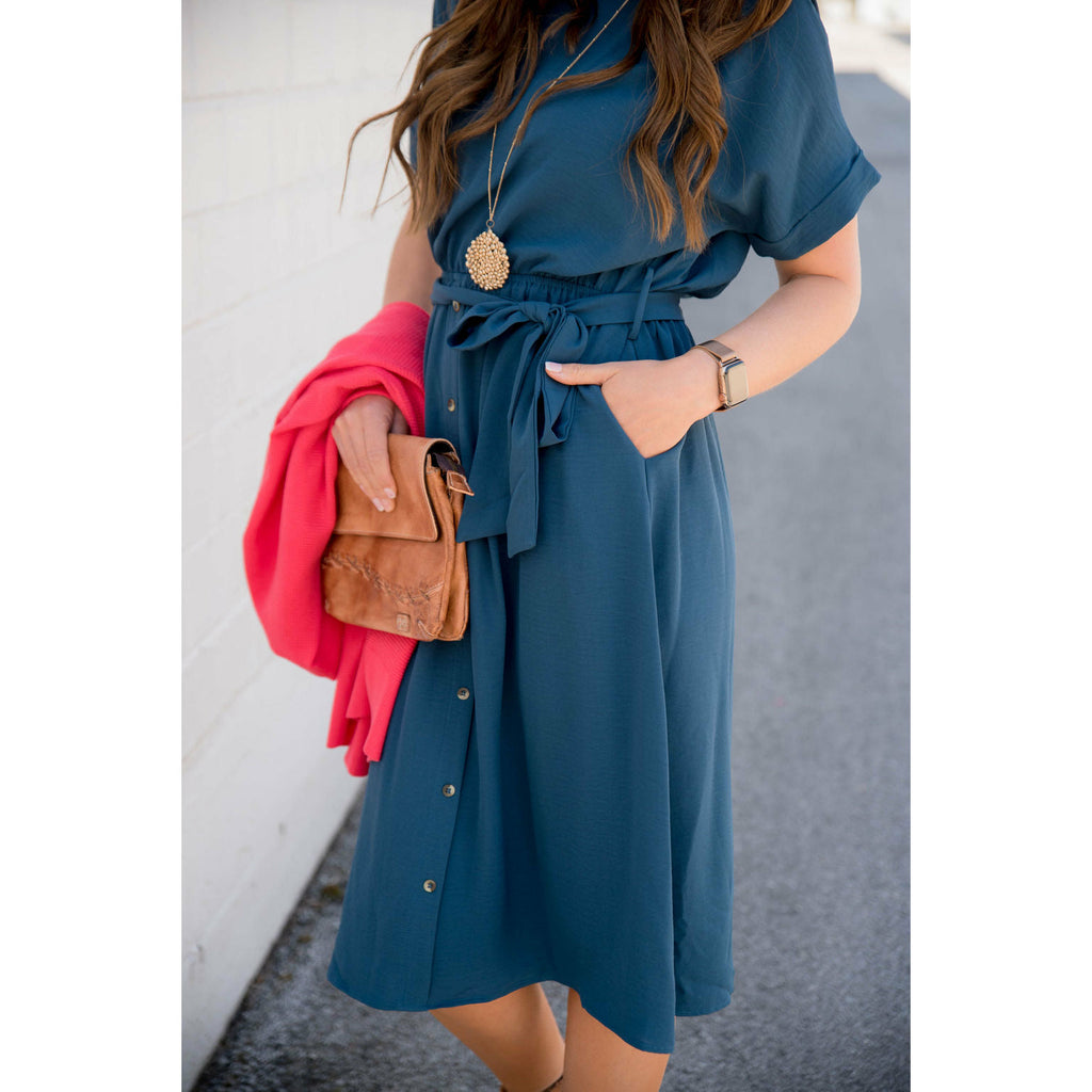 Cuffed Sleeve Tie Button Dress - Betsey's Boutique Shop - Dresses