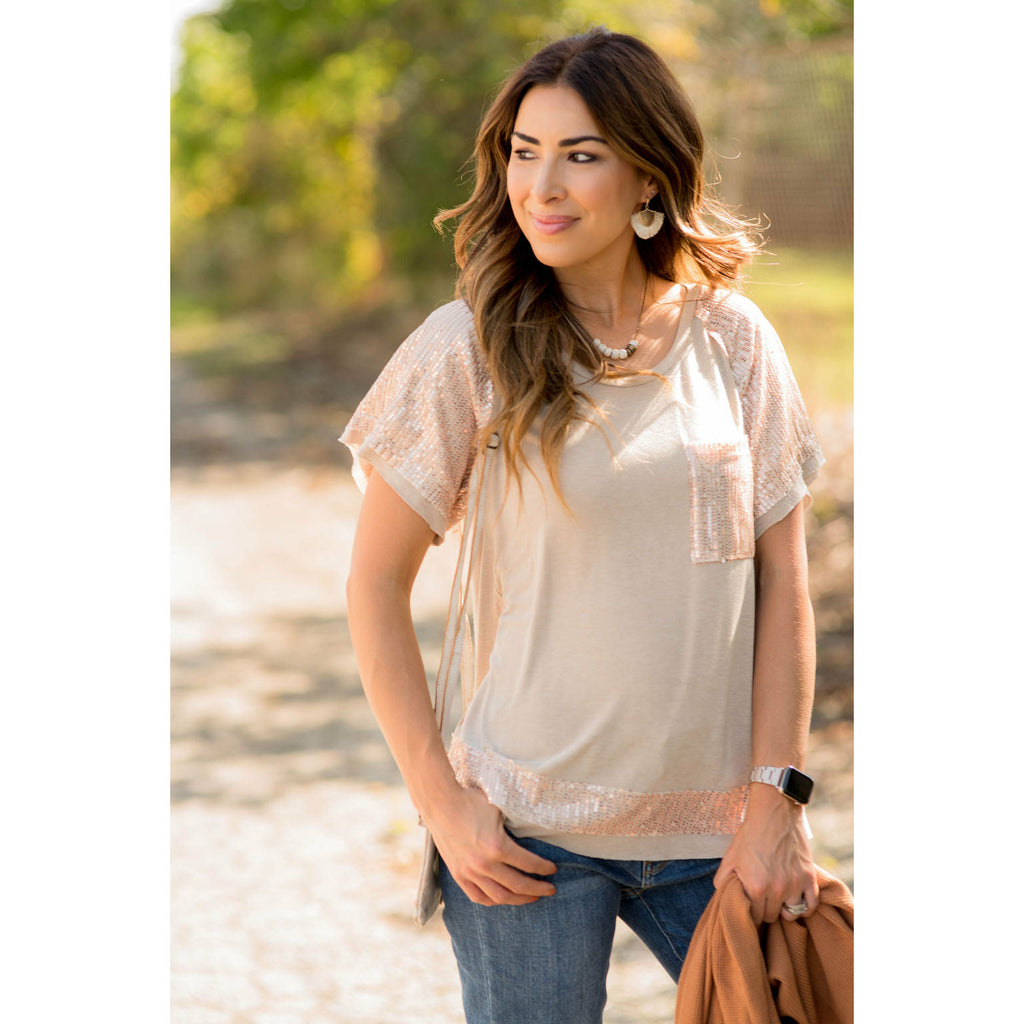 Sequin Detailed Pocket Short Sleeve Tee - Betsey's Boutique Shop