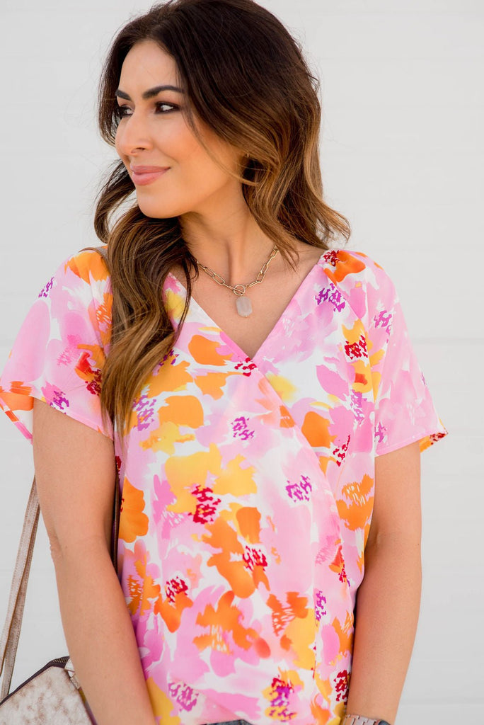 Bold Floral Faux Wrap Tee - Betsey's Boutique Shop -