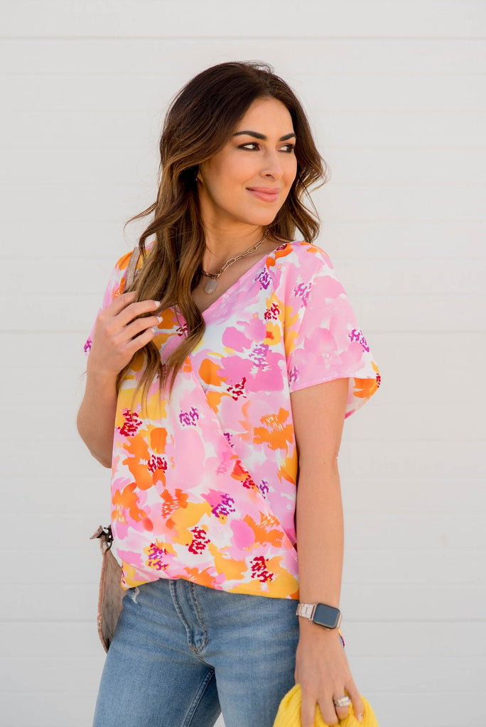 Bold Floral Faux Wrap Tee - Betsey's Boutique Shop -