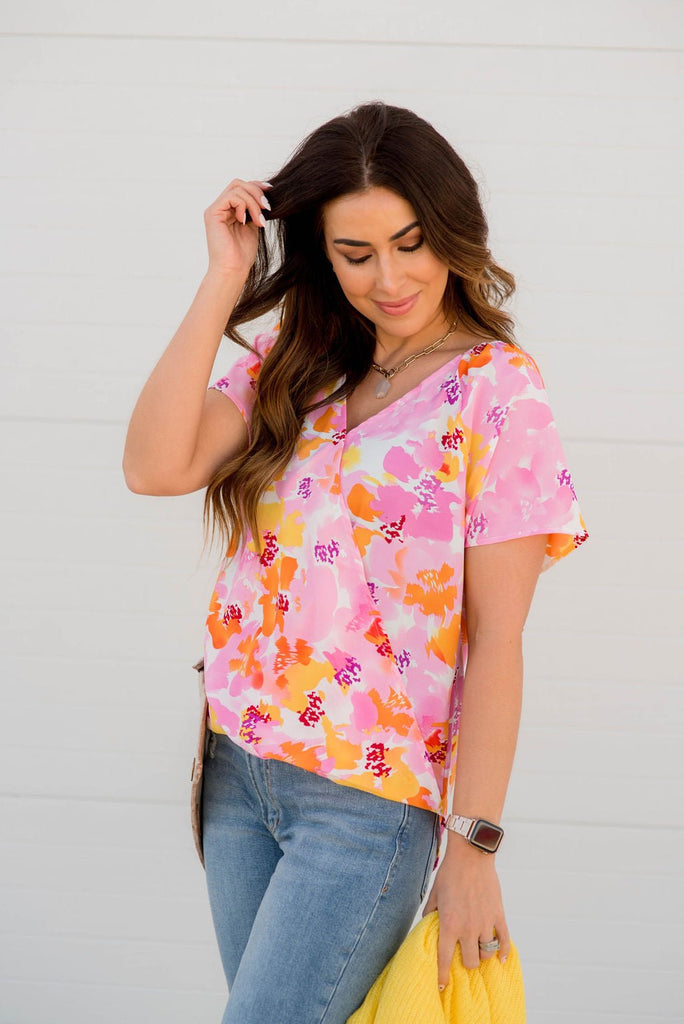 Bold Floral Faux Wrap Tee - Betsey's Boutique Shop -