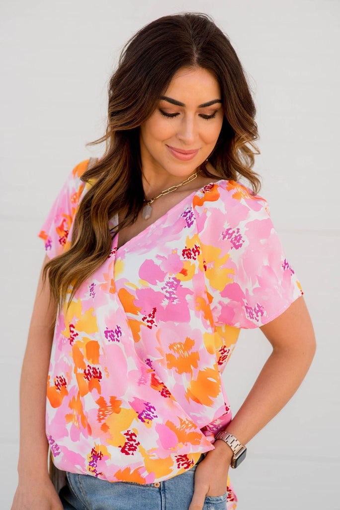 Bold Floral Faux Wrap Tee - Betsey's Boutique Shop -