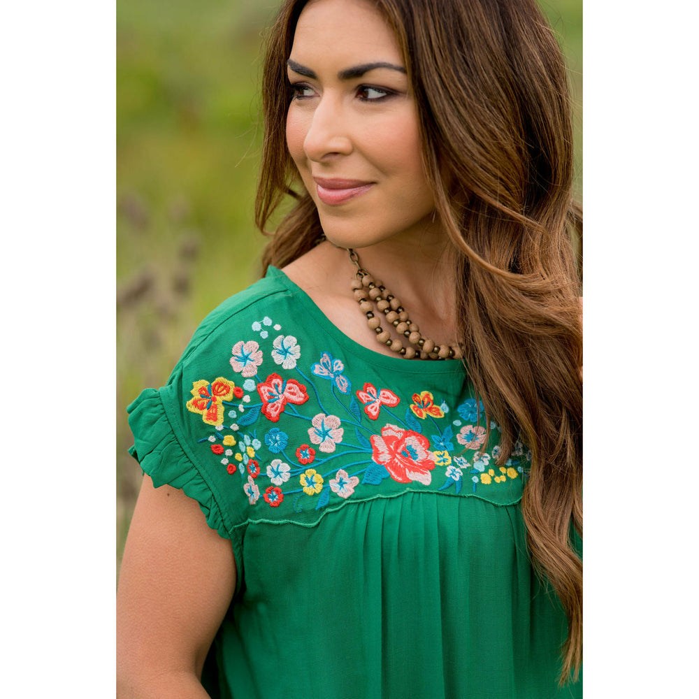Embroidered Floral Bib Tee - Betsey's Boutique Shop - Shirts & Tops