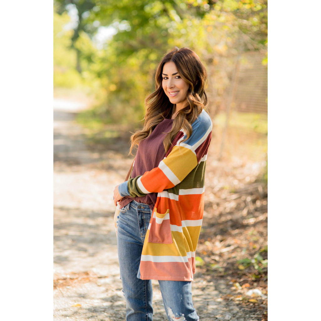 Color Blocked Mixed Stripe Cardigan - Betsey's Boutique Shop - Coats & Jackets