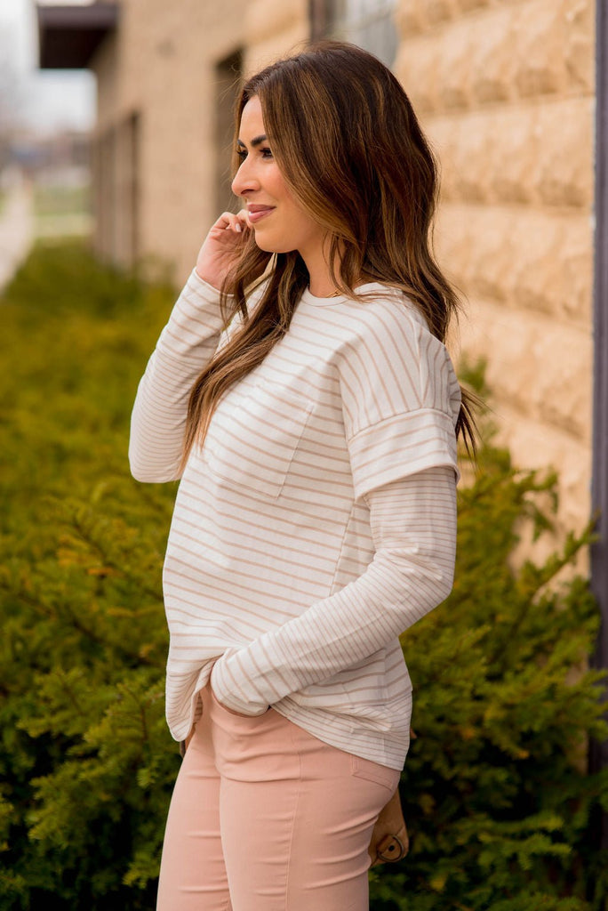 Striped Faux Layered Long Sleeve Tee - Betsey's Boutique Shop -