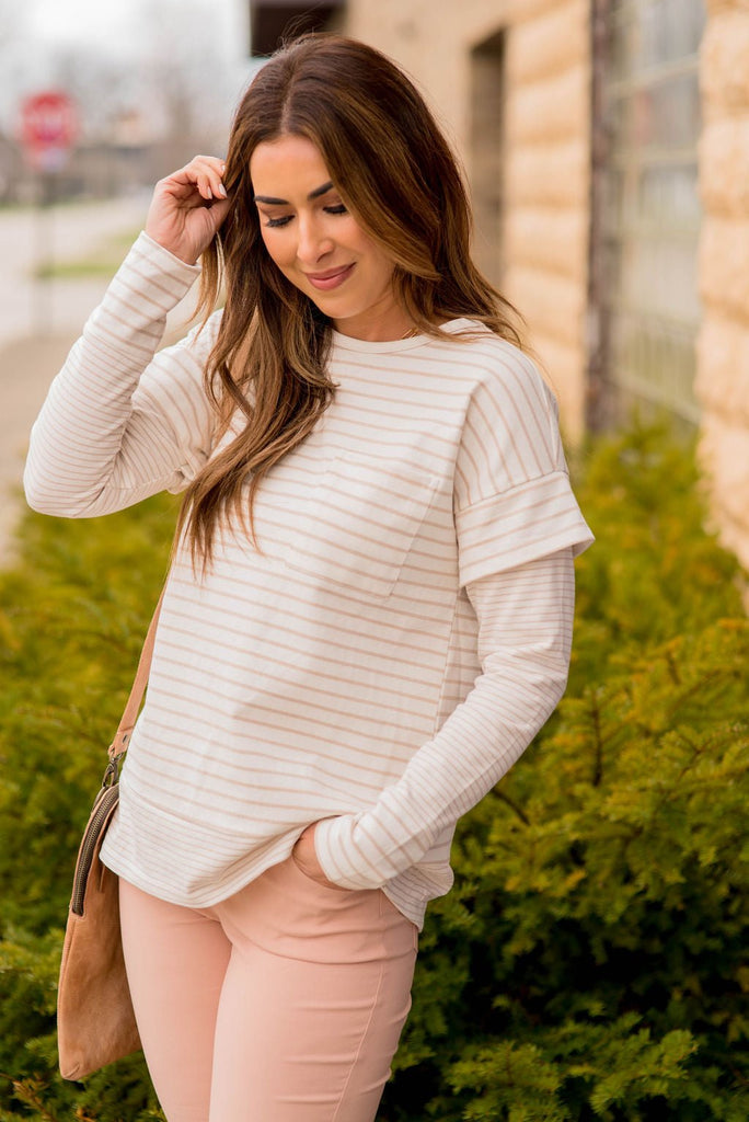 Striped Faux Layered Long Sleeve Tee - Betsey's Boutique Shop -