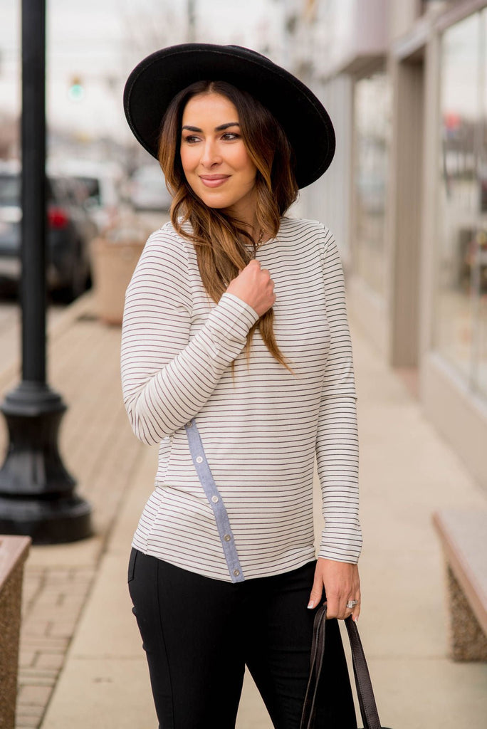 Thin Striped Button Accented Tee - Betsey's Boutique Shop -