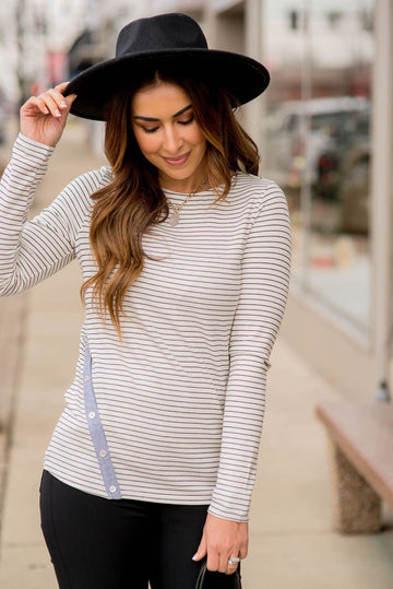 Thin Striped Button Accented Tee - Betsey's Boutique Shop -