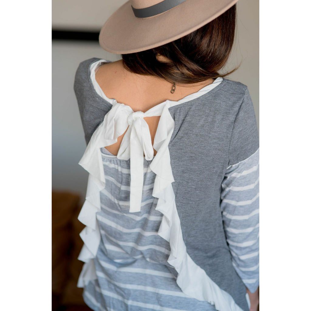 Back Ruffle Tie Striped Tee - Betsey's Boutique Shop