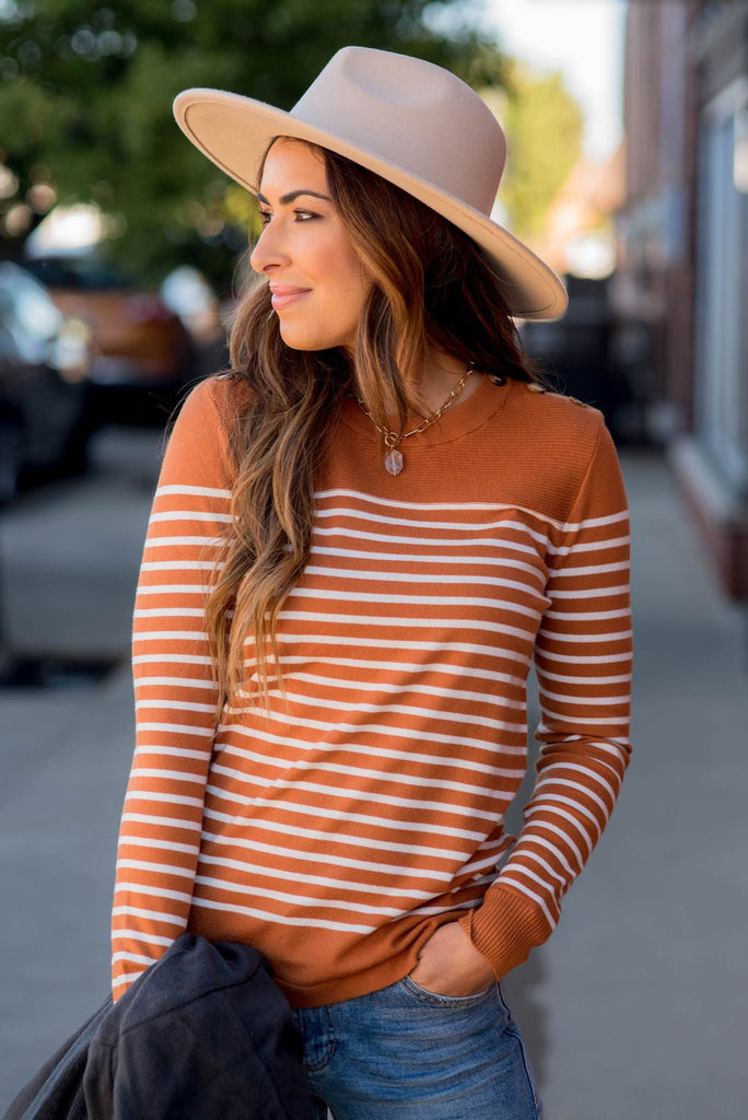 Striped Button Shoulder Sweater Tee - Betsey's Boutique Shop -