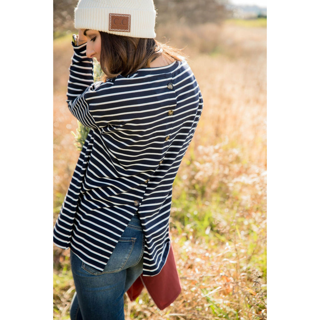 Striped Button Back Slit Tee - Betsey's Boutique Shop