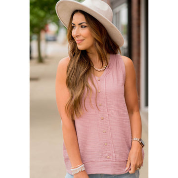 Gauze Button Accent Tank - Betsey's Boutique Shop