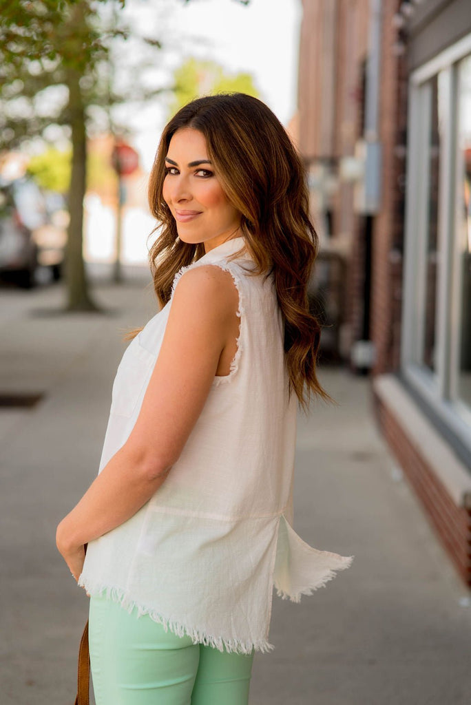 Button Up Fringe Bottom Pocket Tank - Betsey's Boutique Shop