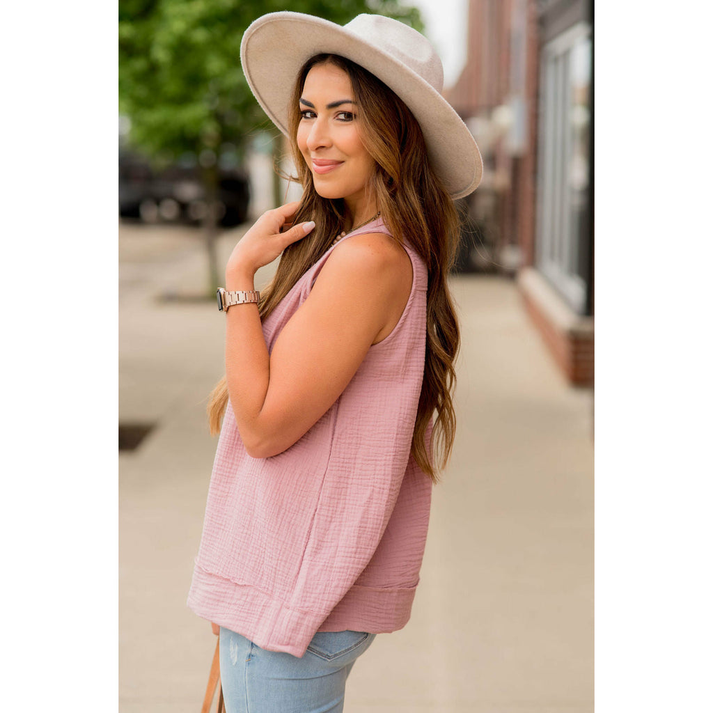 Gauze Button Accent Tank - Betsey's Boutique Shop