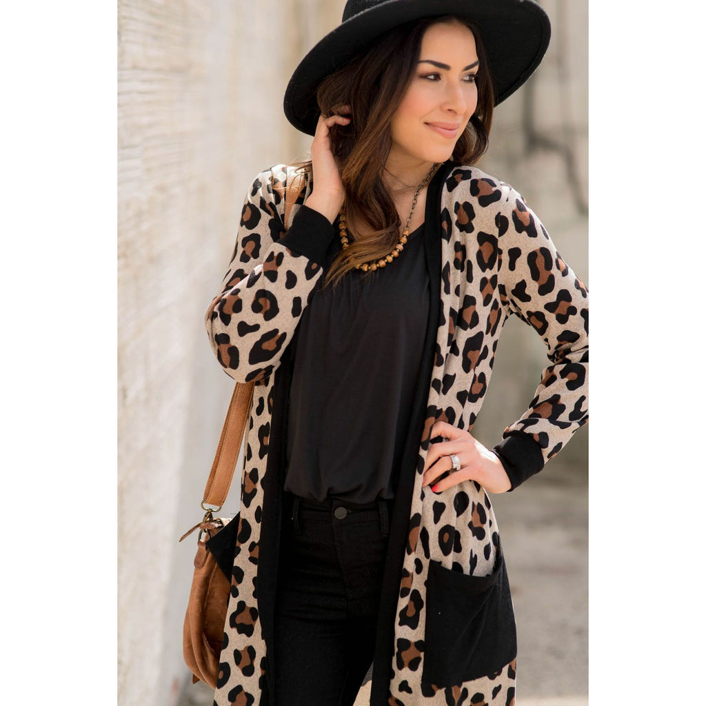 Leopard Solid Trim Tunic Cardigan - Betsey's Boutique Shop - Coats & Jackets