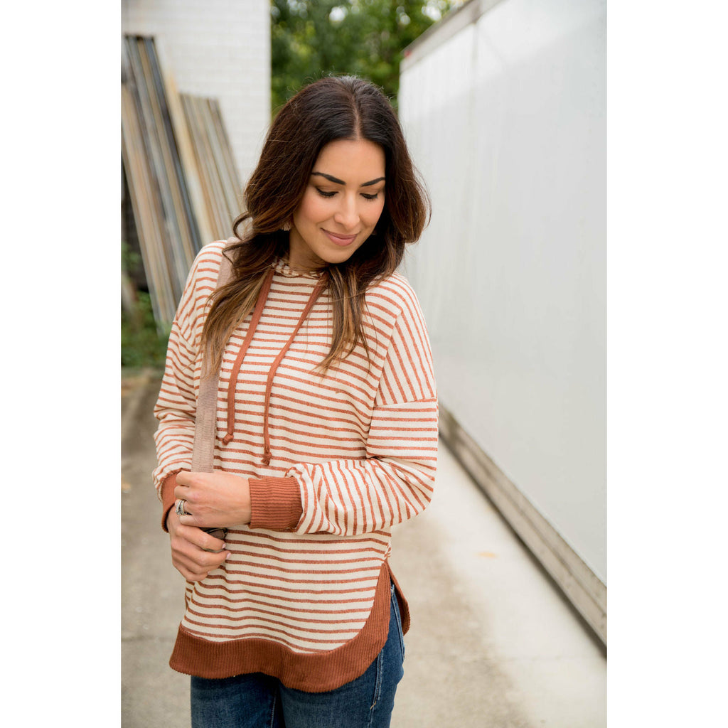 Striped Solid Trimmed Hoodie - Betsey's Boutique Shop - Shirts & Tops