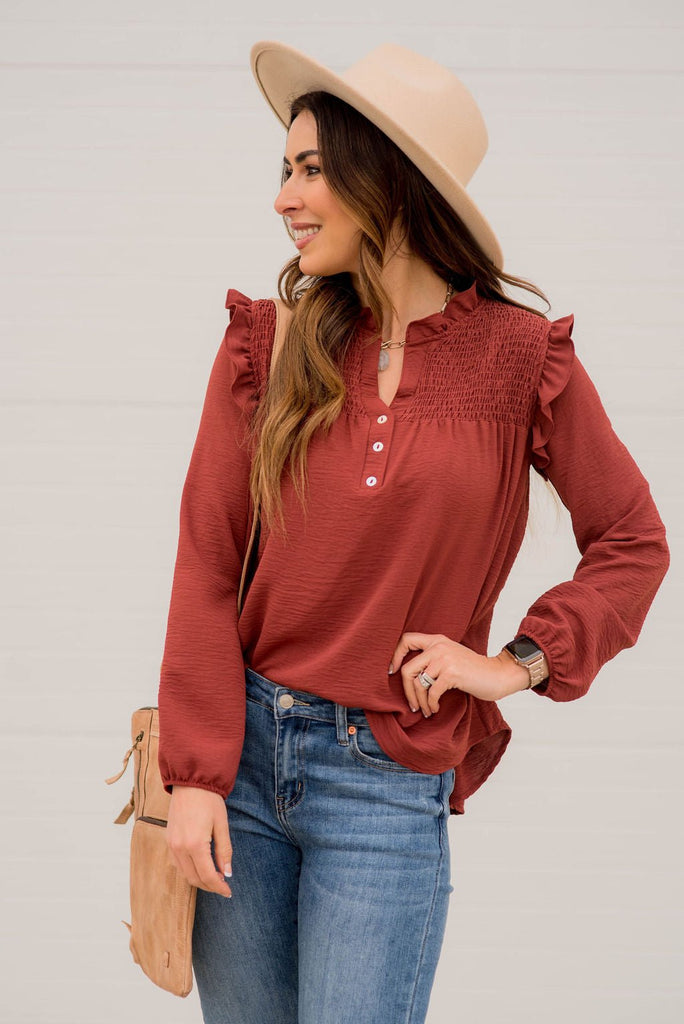 Ruched Ruffle Shoulder Blouse - Betsey's Boutique Shop -