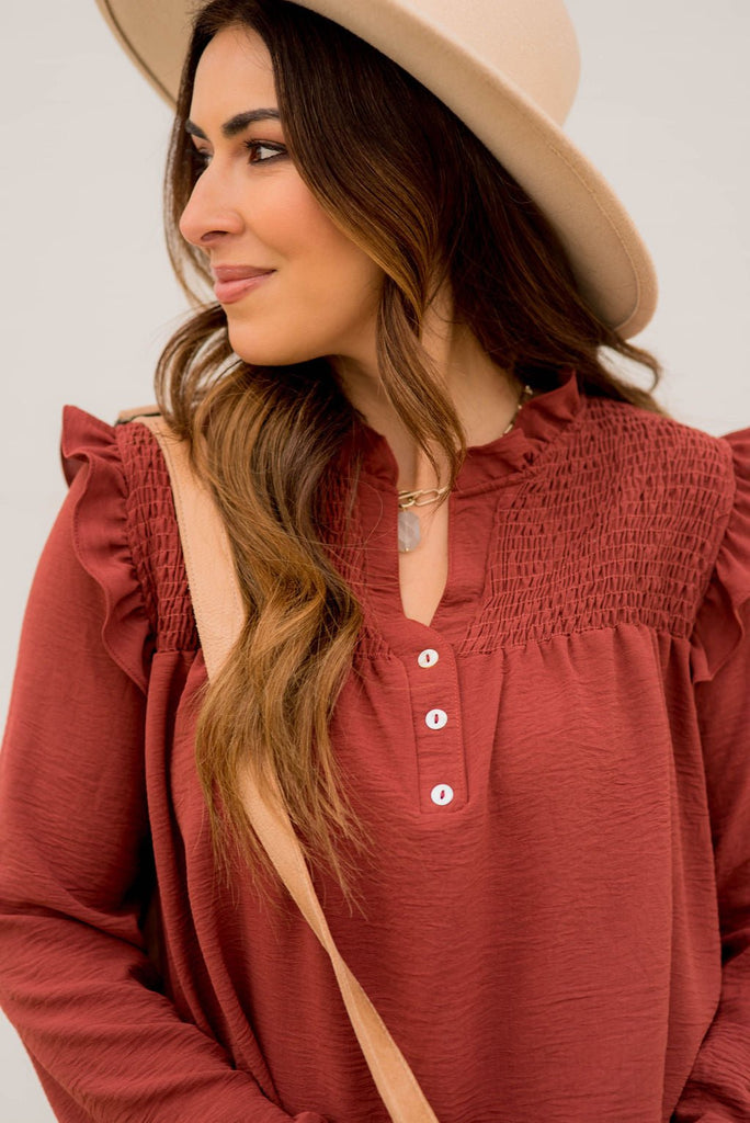 Ruched Ruffle Shoulder Blouse - Betsey's Boutique Shop -