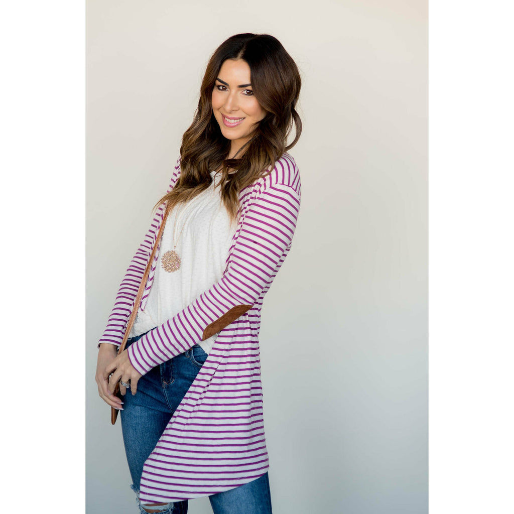 Striped Waterfall Elbow Patch Cardigan - Betsey's Boutique Shop