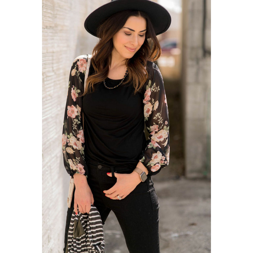 Floral Sheer Sleeve Blouse - Betsey's Boutique Shop