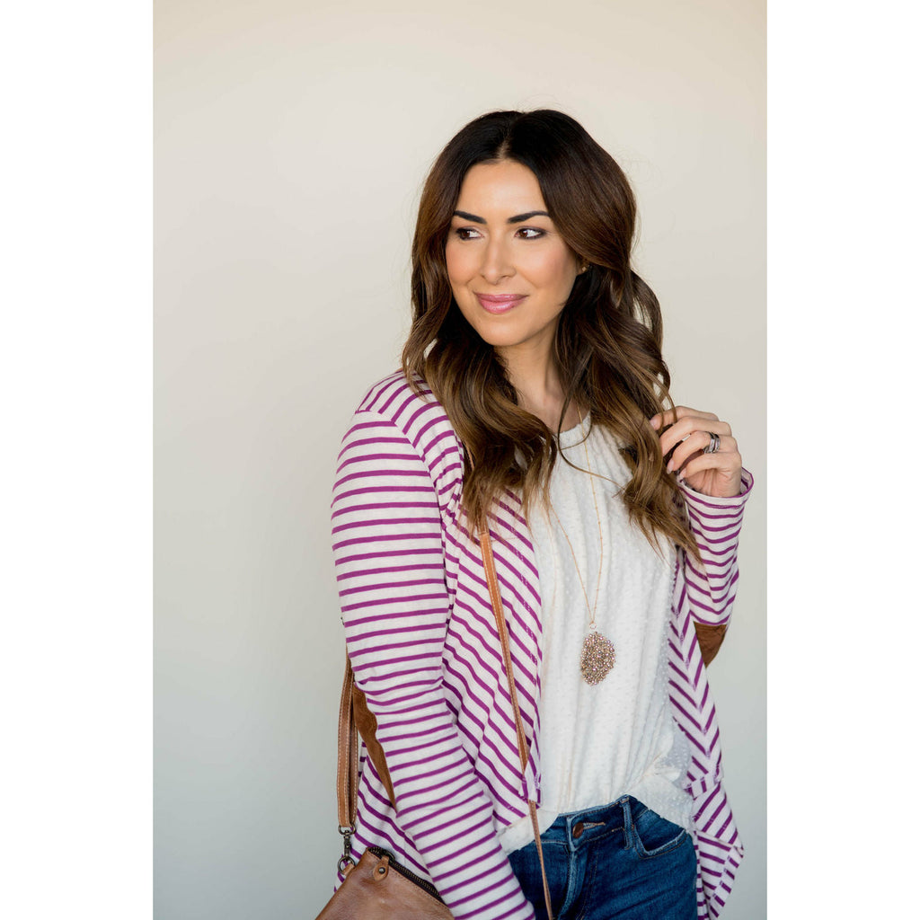 Striped Waterfall Elbow Patch Cardigan - Betsey's Boutique Shop