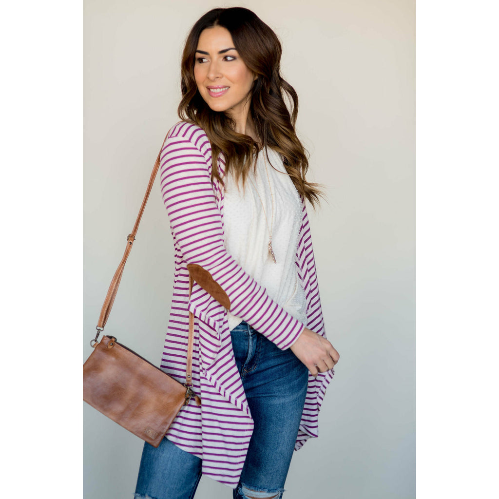 Striped Waterfall Elbow Patch Cardigan - Betsey's Boutique Shop