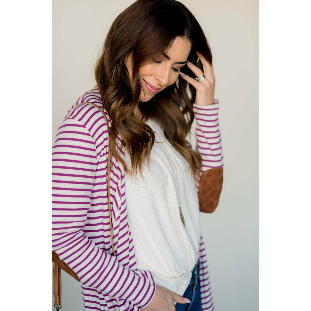 Striped Waterfall Elbow Patch Cardigan - Betsey's Boutique Shop