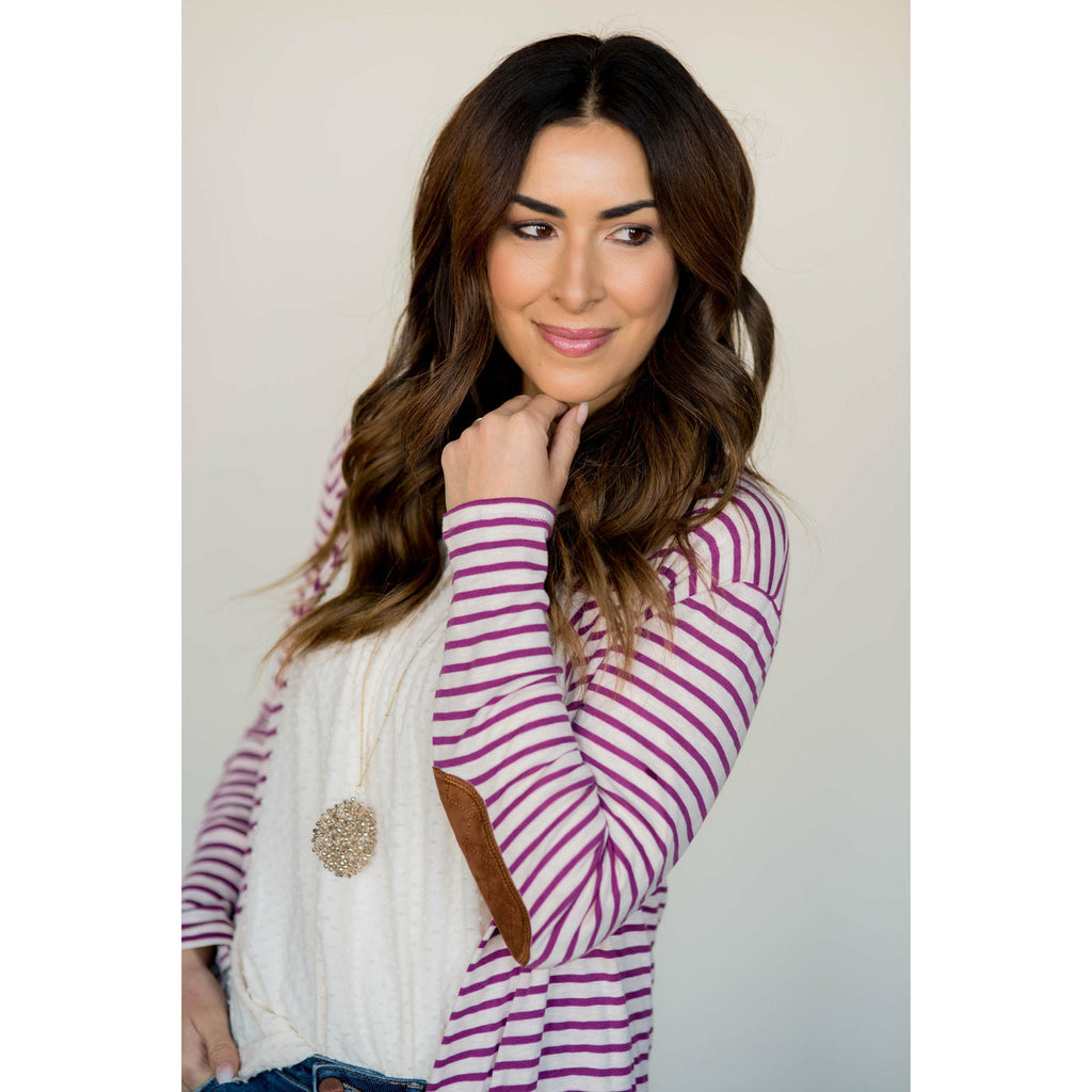 Striped Waterfall Elbow Patch Cardigan - Betsey's Boutique Shop