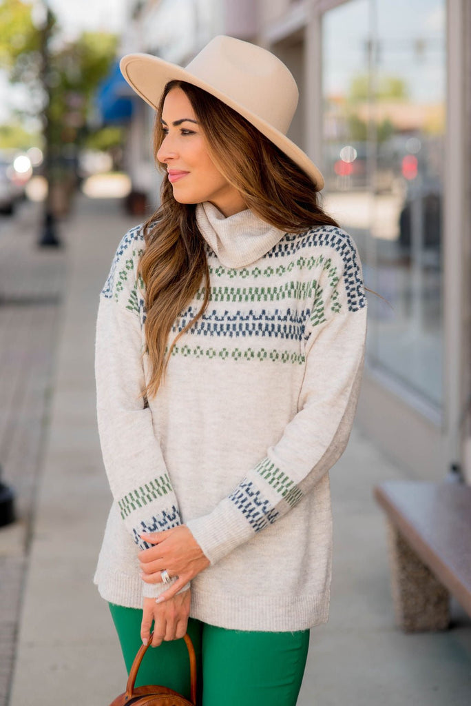 Printed Accents Cowl Neck Sweater - Betsey's Boutique Shop -