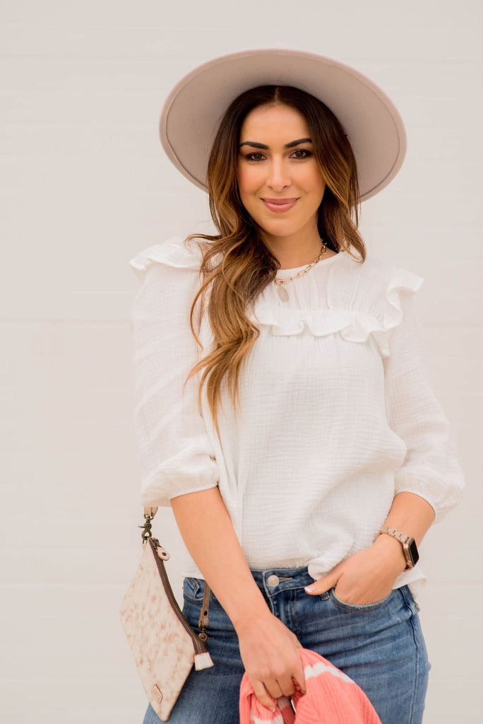 3/4 Sleeve Gauze Ruffle Blouse - Betsey's Boutique Shop