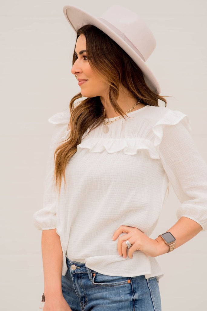 3/4 Sleeve Gauze Ruffle Blouse - Betsey's Boutique Shop