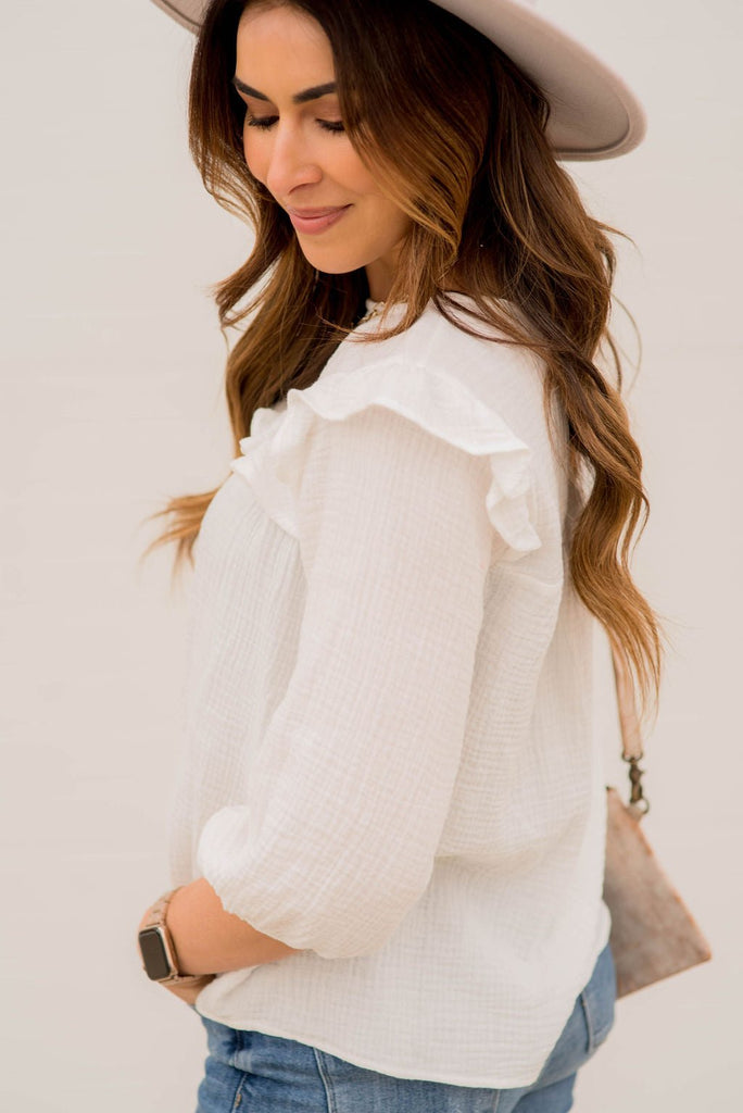 3/4 Sleeve Gauze Ruffle Blouse - Betsey's Boutique Shop