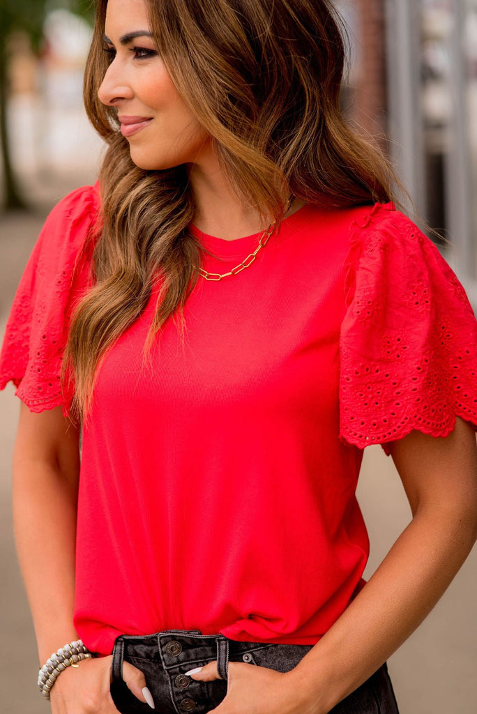 Eyelet Puffed Sleeve Tee - Betsey's Boutique Shop -