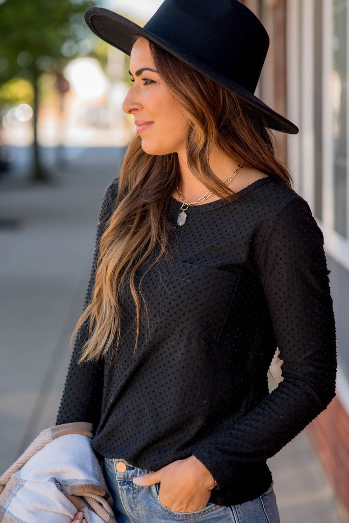 Long Sleeve Swiss Dot Pocket Tee - Betsey's Boutique Shop