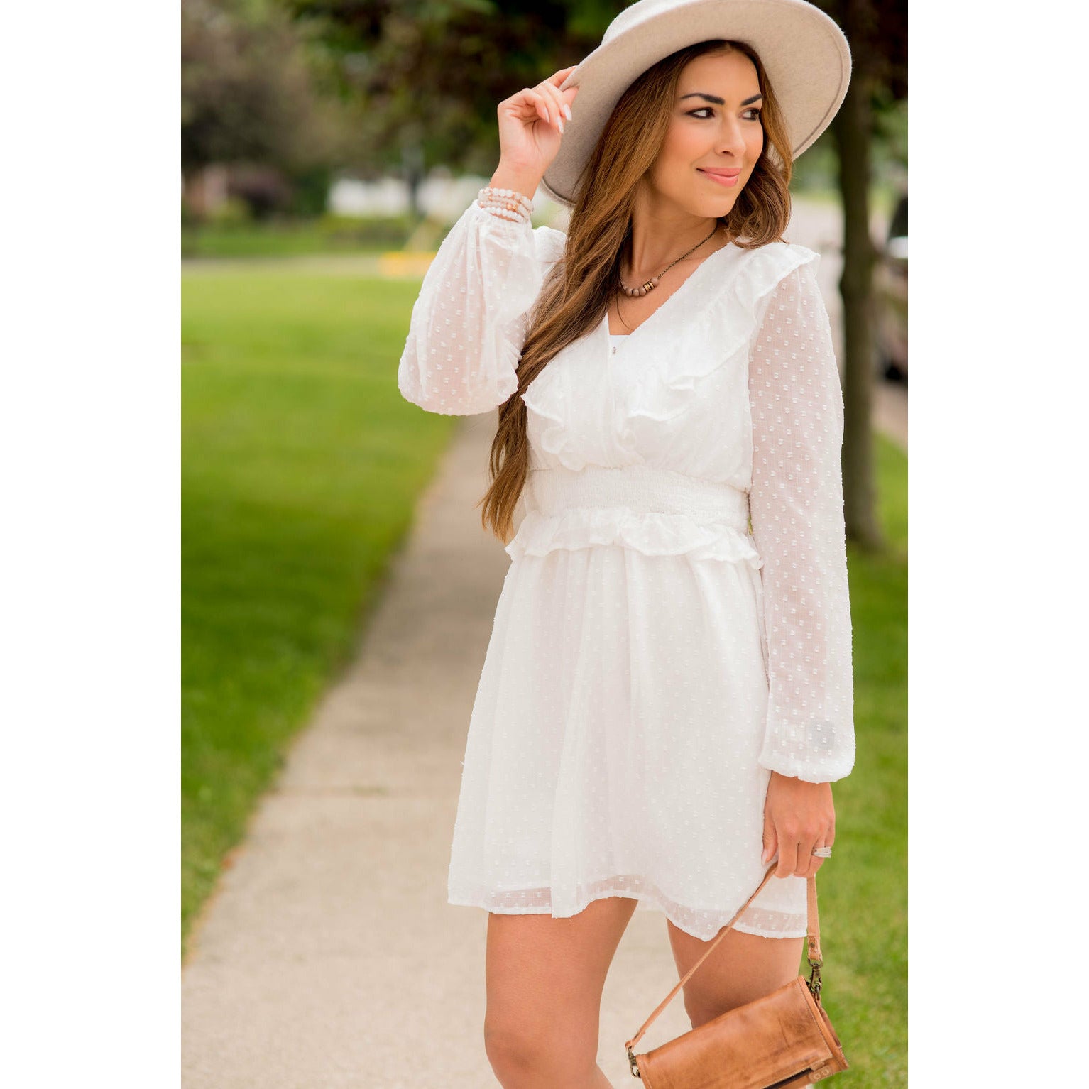 Swiss Dot Sheer Ruffle Trim Dress White / S Swiss Dot Sheer Ruffle Trim Dress White / S