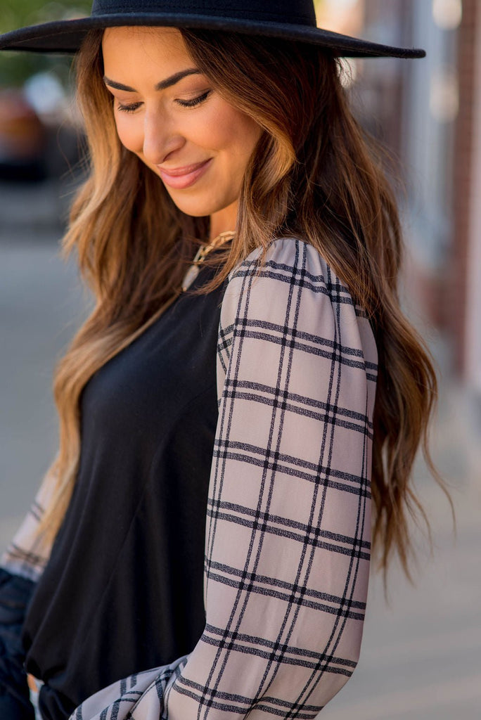 Grid Plaid Tie Sleeve Blouse - Betsey's Boutique Shop