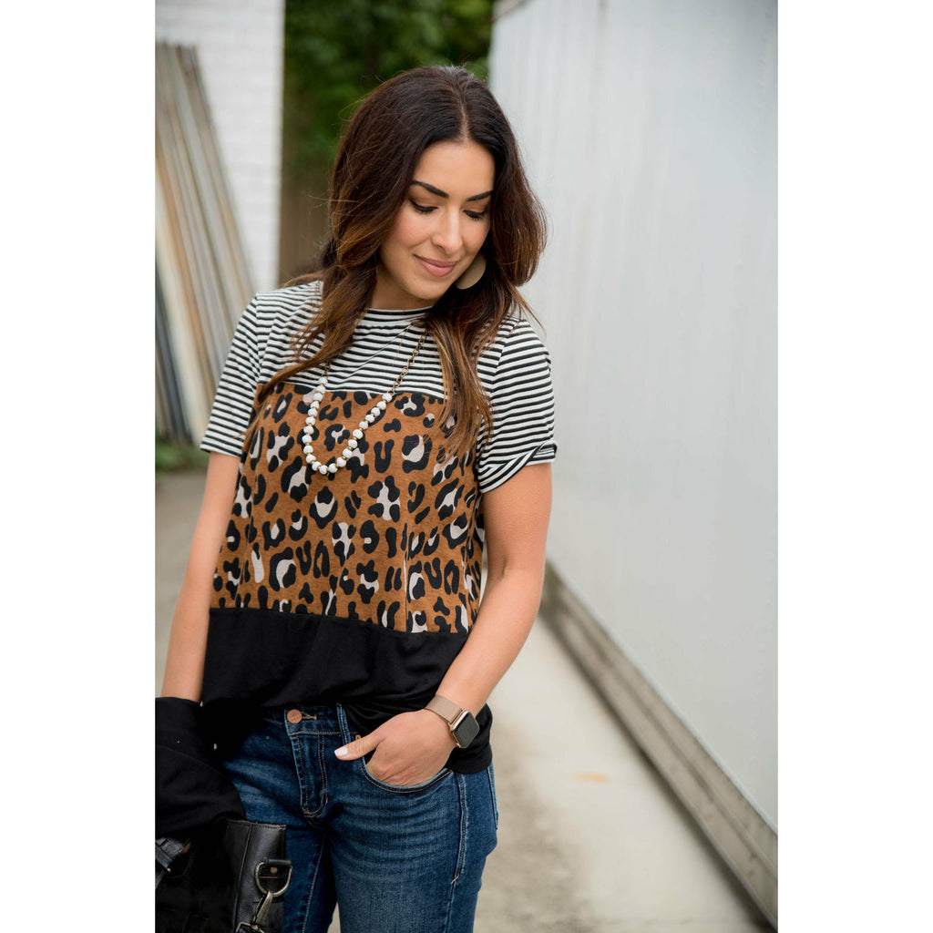 Leopard Blocked Short Sleeve Tee - Betsey's Boutique Shop