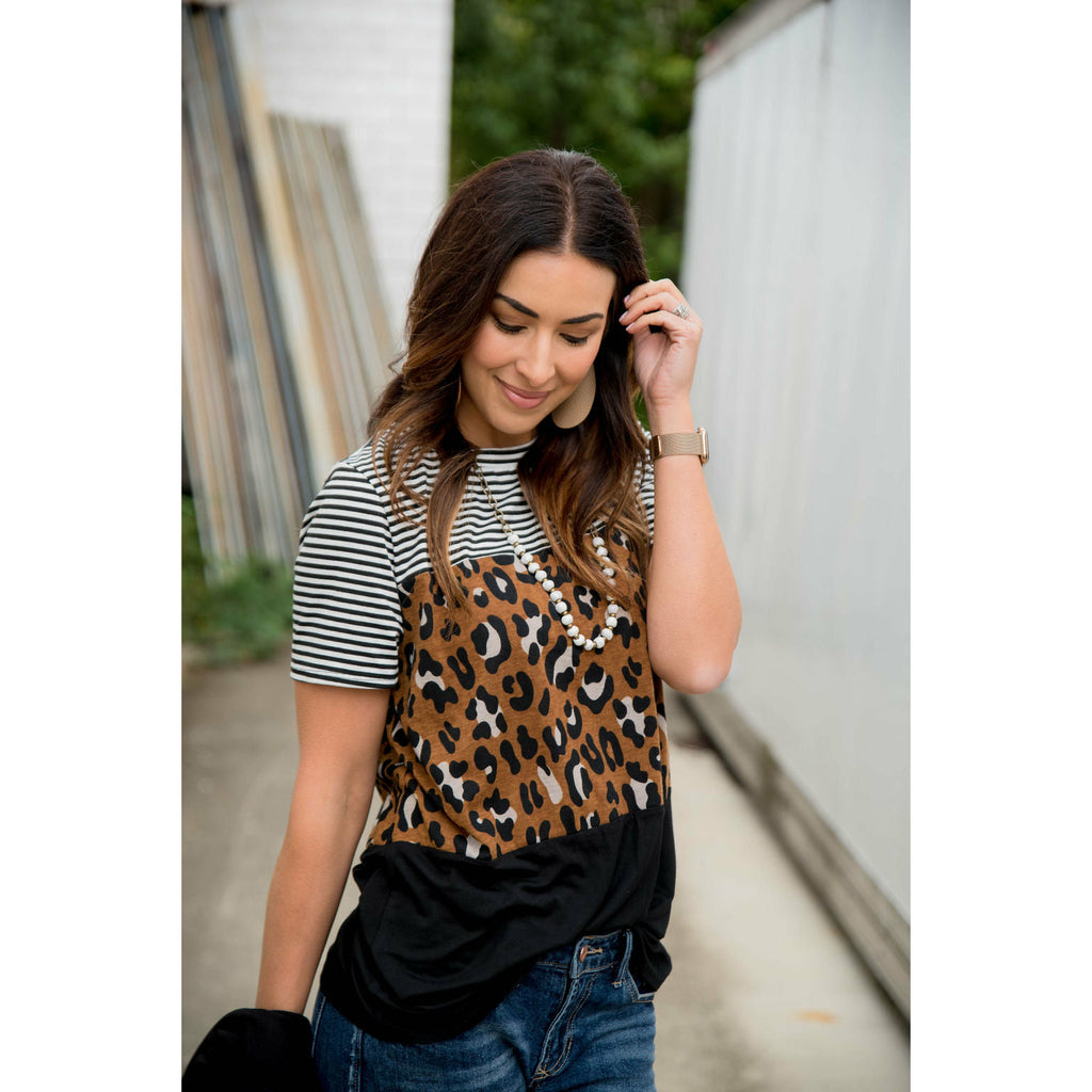 Leopard Blocked Short Sleeve Tee - Betsey's Boutique Shop