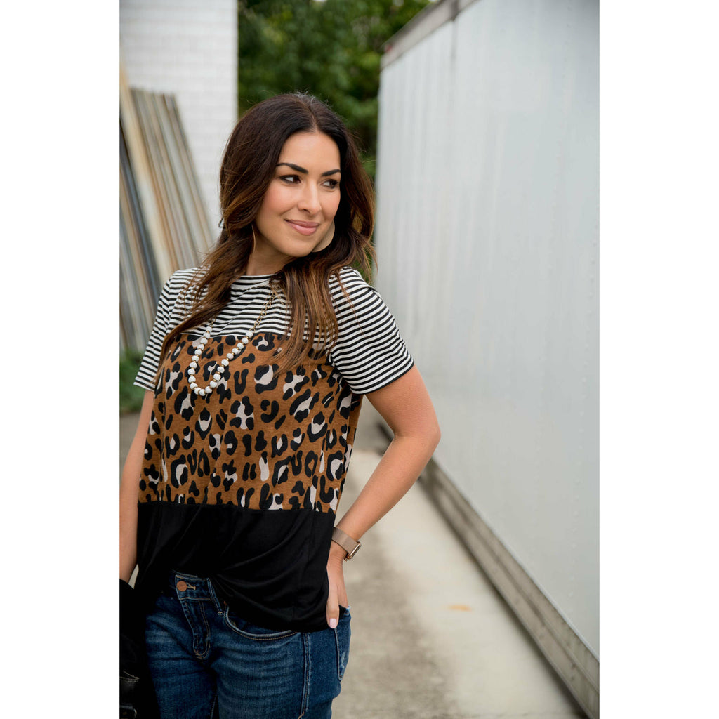 Leopard Blocked Short Sleeve Tee - Betsey's Boutique Shop